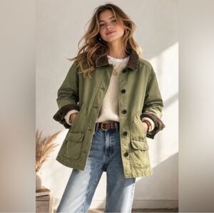 Lands End Barn Jacket Womens Olive Green Canvas Plaid Flannel Lined Size XL